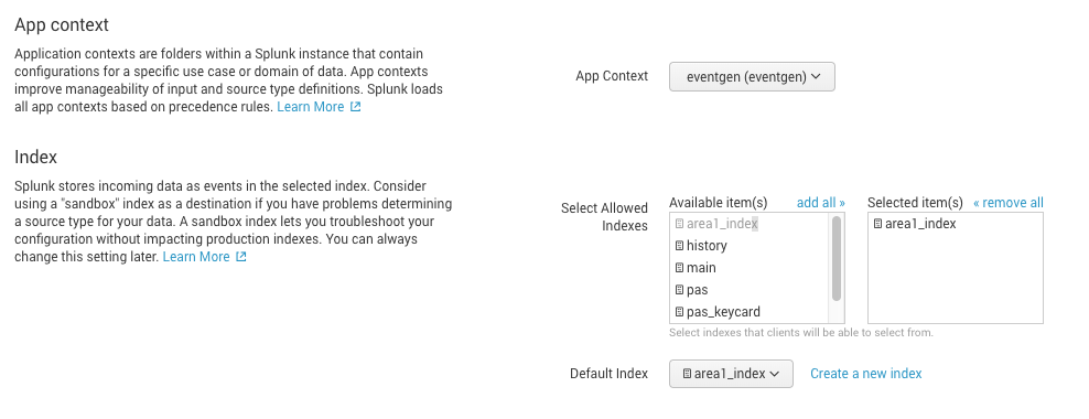 Example of a new index added to the configuration